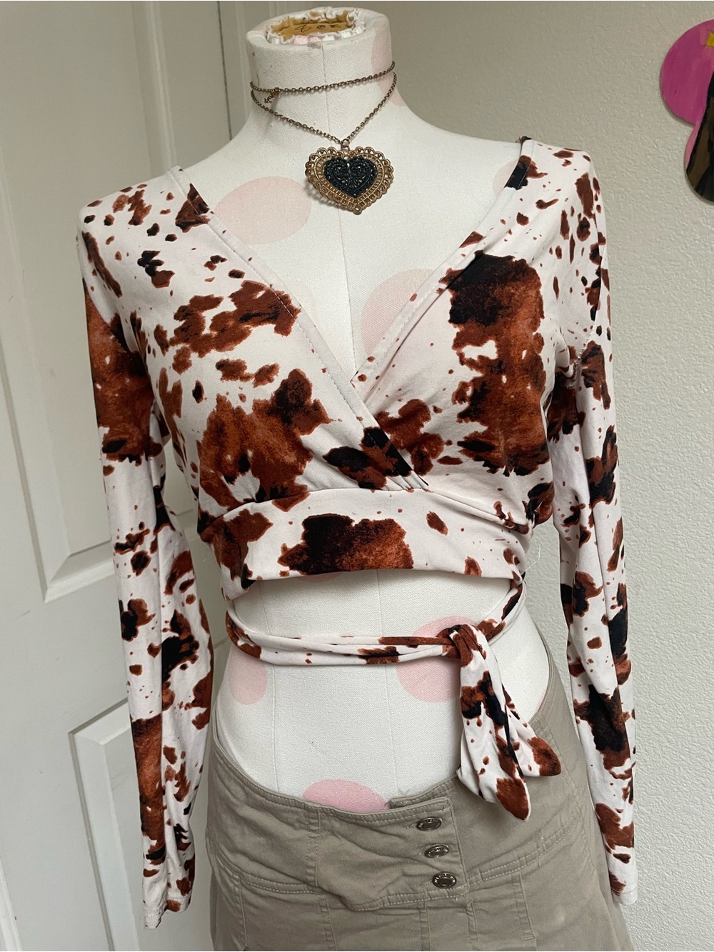 Women's Brown Cow-Print Wrap Crop Top